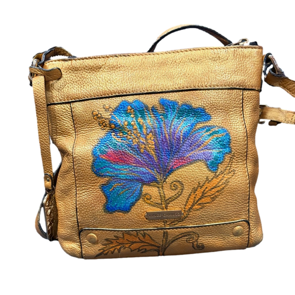 Vince Camuto Hand Painted Leather Crossbody Bag | Gold Floral Artisan Purse